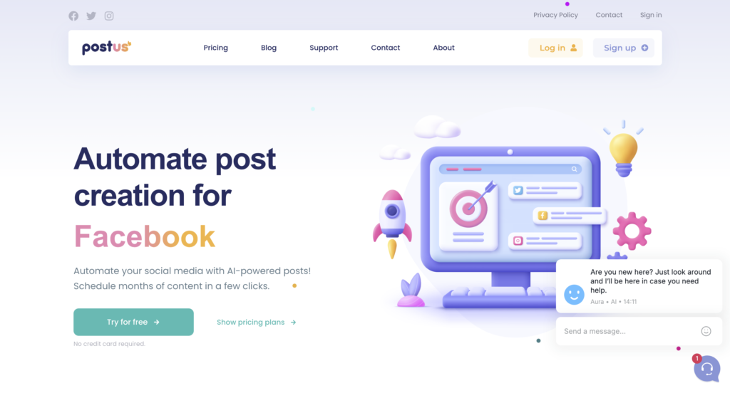 A colorful illustration showcasing Postus AI's homepage, featuring text about automating Facebook post creation with AI-powered tools and options to try for free.